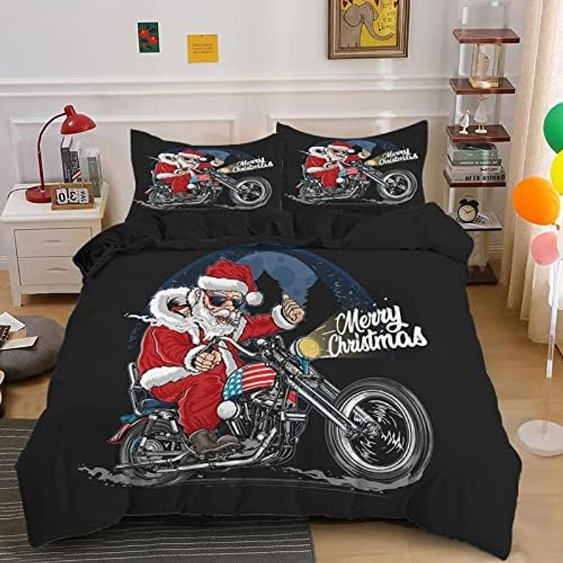 Motorcycle Santa Claus Ride Motorcycle Merry Christmas Bedding Set