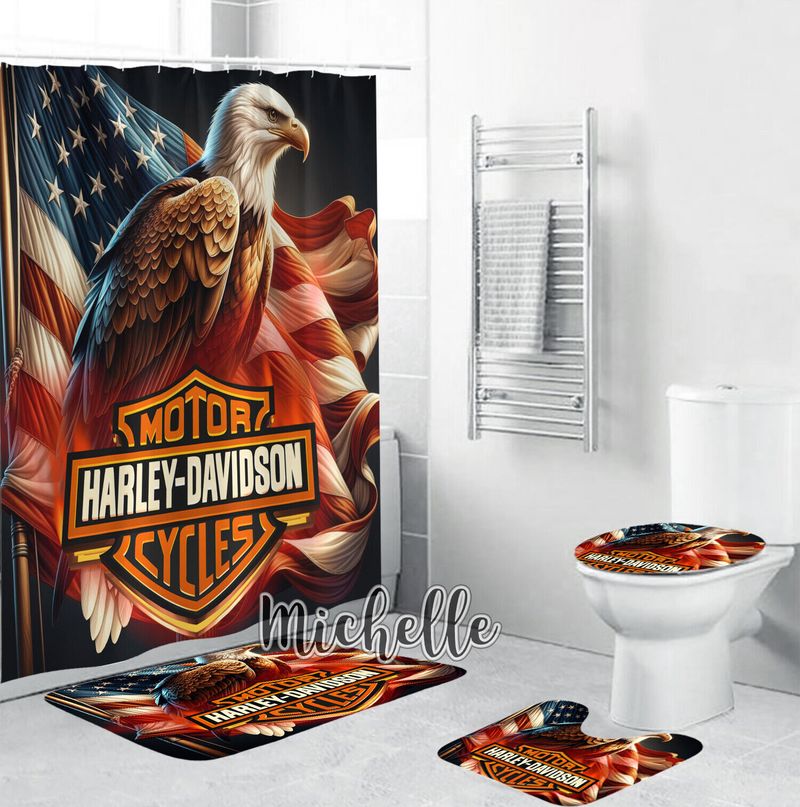 Harley Davidson Motorcycle US Flag Bathroom Decor Set NABT272 GladysClothing Print On Demand